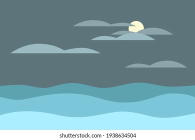 Vector flat illustration : night sea veiw. Dark sky with moon behind clouds , calm blue waves. Minimalism. Nice design for card, poster, flyer about nature, travel, weather, tourism.