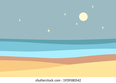 Vector flat illustration : night seackape. Dark sky, round moon, stars, calm sea, warm beige sand. Nice design for card, poster, picture, flyer about travel, weather, tourism