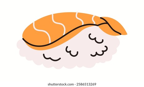 Vector flat illustration of a nigiri sushi with fresh salmon slice on top of a fluffy rice base. Designed in a flat style .