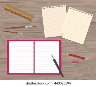 Vector flat illustration with notebook, ruler, brushes, pen. Elements for design. Brown, pink, red, beige, blue colors.