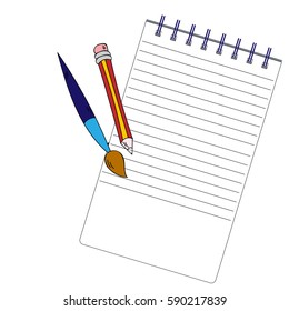 Vector flat illustration with notebook, ruler, brushes, pen. Elements for design. Brown, pink, red, beige, blue colors.