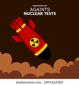 Ilustración plana de Vector de bomba nuclear con fondo de humo marrón oscuro para ícono, Anuncio o Plantilla, Día Internacional contra los Ensayos Nucleares, 29 de agosto