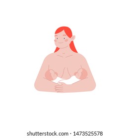 Vector Flat illustration - Nude mother with red hair breastfeeding her newborn baby twins. Cartoon design concept.