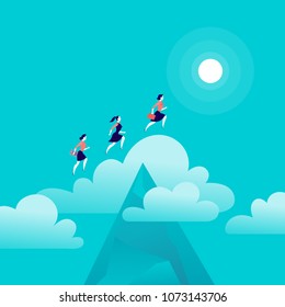 Vector flat illustration with office & business ladies jumping above mountain peak on blue sky with isolated cloud. Motivation, moving upward, aspiration, new aim & perspective, achievement - metaphor