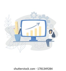 Vector flat illustration. Office computer shows diagram with positive tendency, happy girl, sitting on table, cup with pencils and ruler. Business or education concept, isolated on white background