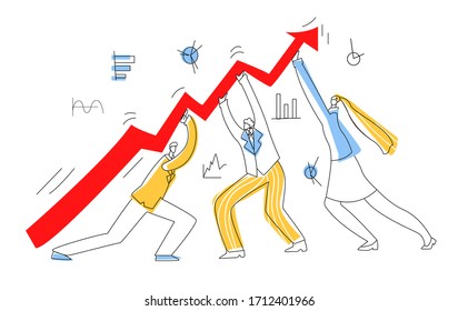 Vector flat illustration with office employees who can hardly lift arrow up. Lines and color are used. Concept anti crisis measures, economic recovery.