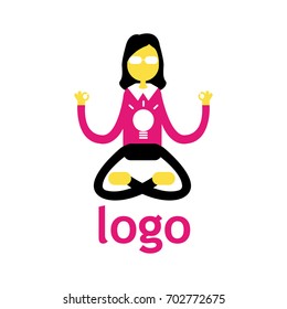 Vector Flat Illustration. Office Girl Sits In Lotus Pose. Office Yoga. Funny Logotype.