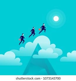 Vector flat illustration with office people jumping above mountain peak on blue sky with isolated clouds. Motivation, moving upwards, aspirations, new aims and perspectives, achievements - metaphor.