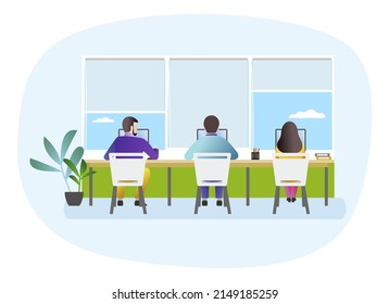 Ilustración plana vectorial de la escena de la oficina. Los empleados se sientan en las computadoras. Trabajo de oficina.