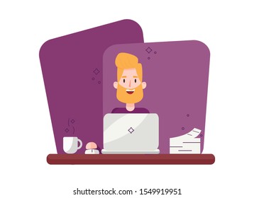 Vector flat illustration of office worker. Cartoon man sitting in the office at a laptop. Work on the Internet.