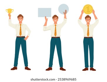 A vector flat illustration of an office worker in three poses: holding a trophy, raising a blank square and circle, and displaying a gold medal. Ideal for business-themed visuals