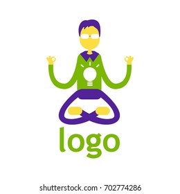 Vector Flat Illustration. Office Worker Sits In Lotus Pose. Office Yoga. Funny Logotype.