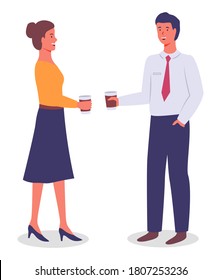 Vector flat illustration of office workers standing holding paper cups with drinks, tea or coffee. Managers have coffee break. Colleagues communicating, talking. Young executive guy and woman talk