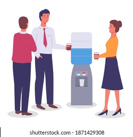 Vector flat illustration of office workers standing near water dispenser or water cooler, holding paper cups with drinks, tea or coffee. Managers have coffee break. Colleagues communicating, talking