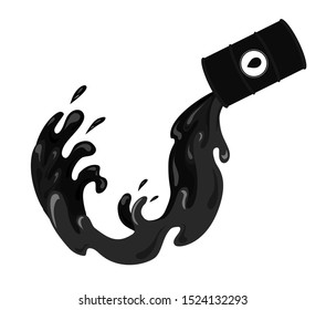 Vector flat illustration of oil barrel with pouring oil with splashes. Tank with a sticker of a drop. Black gold. Streaming type of fuel. Vector element for for banners, articles and your design.