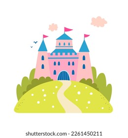 Vector flat illustration of an old castle surrounded by a green park. Fairytale design for children.