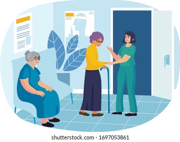 Vector Flat Illustration Of Old People At The Reception In The Hospital Waiting For Doctor. Nurse Helping Old Woman. Hospital Waiting Room. Banner Or Poster About Healthcare Awareness.
