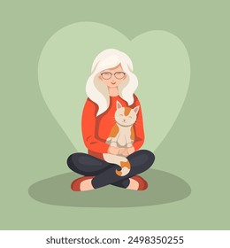 Vector flat illustration of old volunteer woman with a cat. Hobbies for pensioners. Adoption of homeless animals. Veterinary medicine and assistance