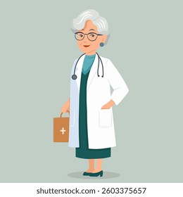Vector flat illustration of old woman doctor professional. Woman pharmacist. Researcher in laboratory. Illustration for articles about professions