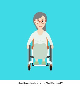 Vector Flat Illustration of an Old Woman on a Wheelchair.