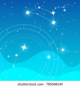 Vector flat Illustration on a blue colors gradient backgroud with constellation of stars, waves, natal chart and soft light. Used for logo, icon or templates for web