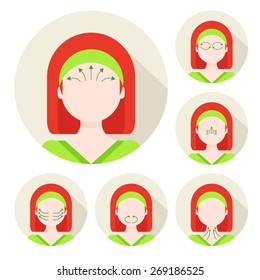 Vector flat illustration on circle sticker: face massage instruction demonstrated on young beautiful european ginger woman in green clothes