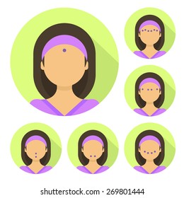 Vector flat illustration on green circle stickers: facial acupressure instruction demonstrated on young beautiful latina woman in purple clothes