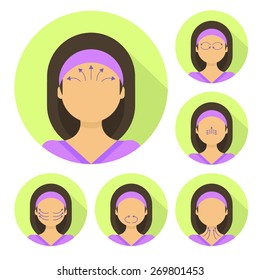 Vector flat illustration on green circle stickers: face massage instruction demonstrated on young beautiful latina woman in purple clothes