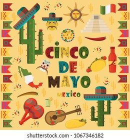 vector flat illustration on isolated background Mexican design elements, holiday symbols, food and drink, greeting card or poster,