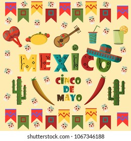vector flat illustration on isolated background Mexican design elements, holiday symbols, food and drink, greeting card or poster,