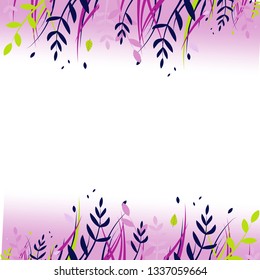 Vector Flat Illustration on Lilac Background.  Beautiful Floral Ornament. Blue Yellow and Purple Leaves and Grass. Glade in Forest at Sunset Fragrant Natural Herbs in Spring and Summer.