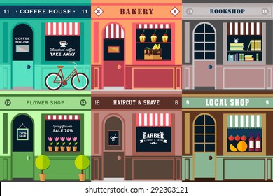 Vector flat  illustration on multiple small shop and store facades. Different small business stores and shops. Barber, flowers, local shops, coffee house, cafe. Food store