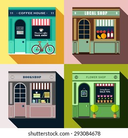 Vector flat  illustration on multiple small shop and store facades. Different small business stores and shops. Barber, flowers, local shops, coffee house, cafe. Food store