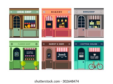 Vector flat  illustration on multiple small shop and store facades. Different small business stores and shops. Barber, flowers, local shops, coffee house, cafe. Food store