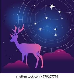Vector flat Illustration on night colors gradient backgroud with constellation of stars, natal chart and soft light and clouds and gradient doe or deer. Used for ux, ui design or templates for web