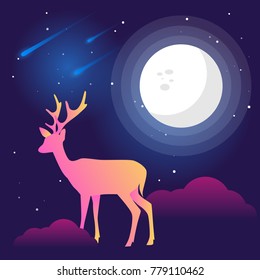 Vector flat Illustration on night colors gradient backgroud with constellation of stars, moon, comets and asteroids and clouds and gradient doe or deer. Used for ux, ui design or templates for web