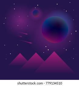 Vector flat Illustration on night colors gradient backgroud with constellation of stars, misty planets, asteroids and pyramids. Used for ux, ui design or templates for web