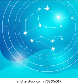 Vector flat Illustration on night colors gradient backgroud with constellation of stars, natal chart and soft light and clouds and gradient waves.  Used for logo, icon or templates for web. 