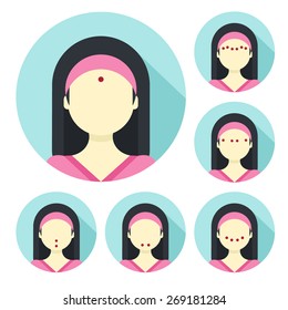 Vector flat illustration on round stickers: facial acupressure instruction demonstrated on young beautiful asian woman