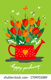 Vector flat illustration on the spring theme of "happy gardening" with a bouquet of tulips and lilies of the valley in a red watering can, bees and butterflies.

