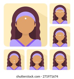 Vector flat illustration on sticker: facial acupressure instruction demonstrated on young beautiful latina woman