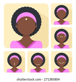 Vector flat illustration on stickers: set of six facial acupressure instructions demonstrated on young beautiful afro-american woman