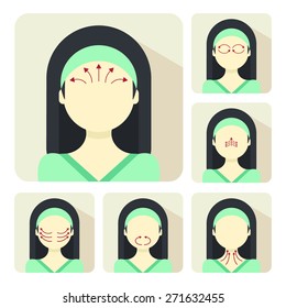 Vector flat illustration on stickers: face massage instruction demonstrated on young beautiful asian woman