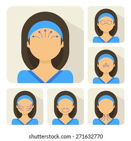 Vector flat illustration on stickers: face massage instruction demonstrated on young beautiful latina woman in blue clothes