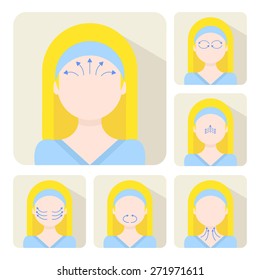 Vector flat illustration on stickers: face massage instruction demonstrated on young beautiful european blonde woman in blue clothes
