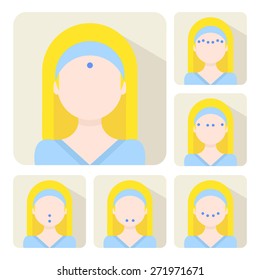 Vector flat illustration on stickers: facial acupressure instruction demonstrated on young beautiful european blonde woman in blue clothes