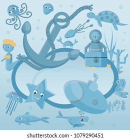 vector flat illustration on the theme of marine life, underwater life, label design or stickers