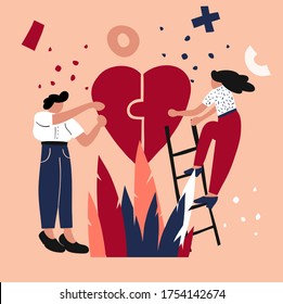 Vector flat illustration on the theme of love. A man and a woman create a family. Puzzle heart. the girl on the stairs. A man and a woman fit together like puzzles.