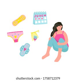 Vector flat illustration on the theme of women's days. Menstruation, the female cycle, the critical days. Zero waste. Pads, menstrual Cup, calendar.