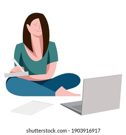 vector flat illustration on the theme of freelancing, work from home and study. a girl in comfortable home clothes works and writes in a notebook. stay at home. work at home. illustration isolated.